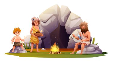 Mağara adamı aile aktiviteleri mağaranın önünde. Taş Devri Tarih Öncesi İnsan Resimleri