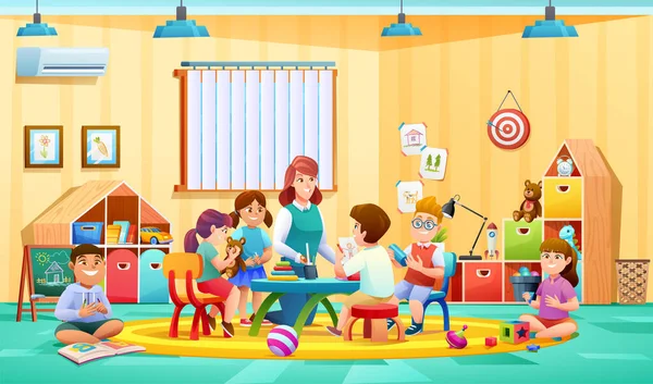 Atividades Professores Crianças Jardim Infância Ilustração Vetorial Sala Aula —  Vetores de Stock
