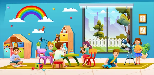 幼稚園の教室で一緒に遊んでいる陽気な子供たち漫画のイラスト — ストックベクタ