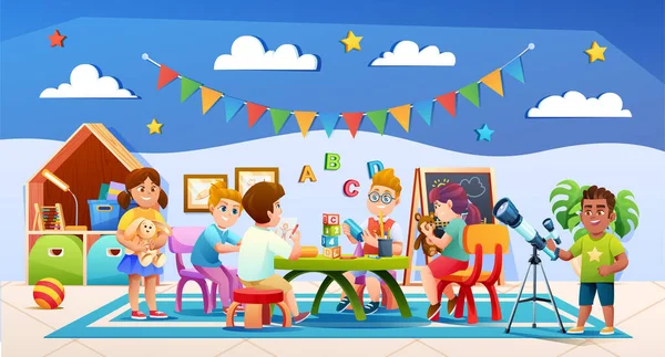 Весёлые Дети Играют Вместе Детском Саду Векторной Иллюстрации — стоковый вектор