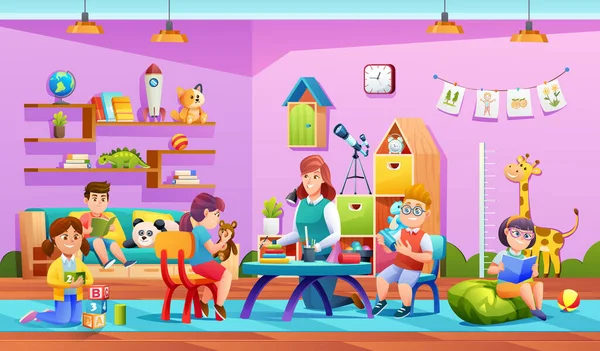 Lehrer Und Kinder Aktiv Kindergarten Illustration Zeichentrickfilm Für Vorschulkinder — Stockvektor
