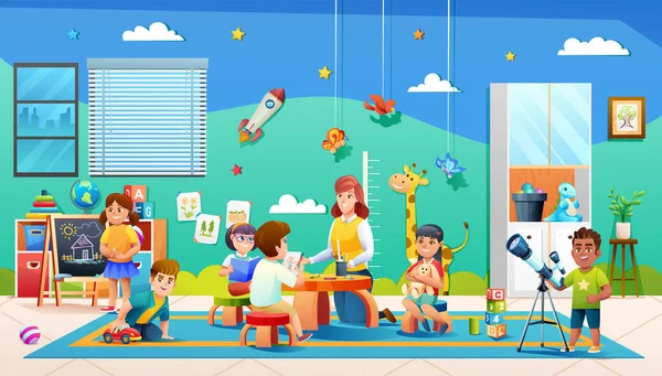 Vorschulkinder Machen Cartoon Kindergarten Klassenzimmer Mit Lehrer Und Schüler Illustration — Stockvektor