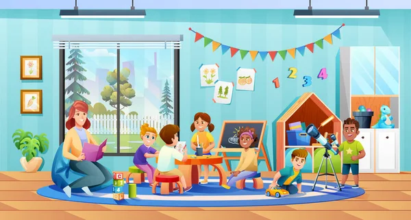 Lehrer Und Kinder Aktiv Kindergarten Vektor Illustration — Stockvektor
