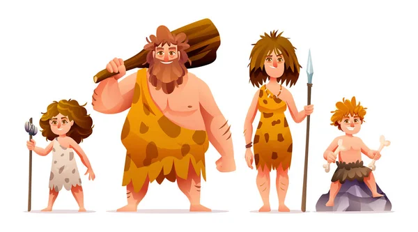Personajes Primitivos Gente Ilustración Dibujos Animados Familia Cavernícola Edad Piedra — Archivo Imágenes Vectoriales