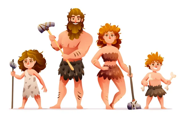 Personagens Pessoas Primitivas Ilustração Vetor Família Homem Das Cavernas Idade —  Vetores de Stock