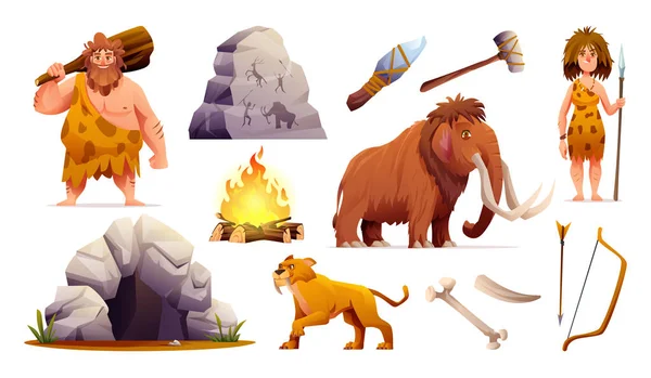 Set Prehistoric Stone Age People Tools Ancient Wild Animals Cartoon — Stock Vector
