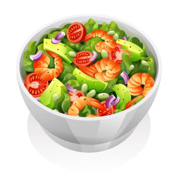 Karidesli sağlıklı salata, avokado ve taze sebze vektör çizimi.