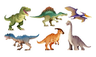 Çizgi film tarzında dinozor karakterleri kümesi