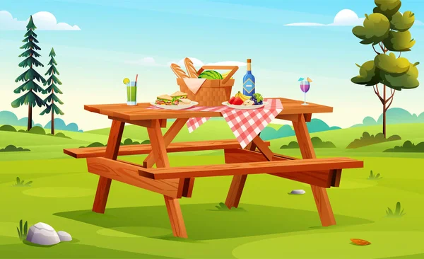 Picknick Set Bestehend Aus Korb Mit Lebensmitteln Obst Sandwiches Auf — Stockvektor