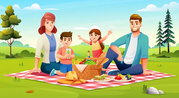 Szczęśliwa Rodzina Urządza Piknik Parku Tato Mama Syn Córka Odpoczywają — Wektor stockowy