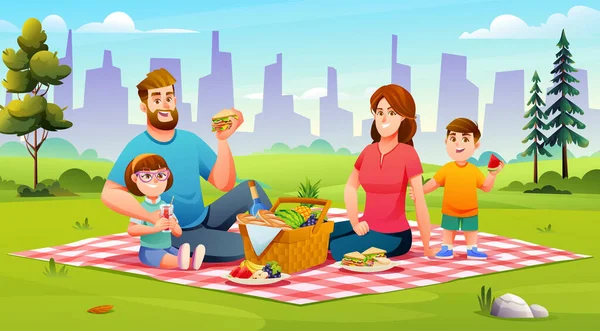 Glückliche Familie Beim Picknick Park Vater Mutter Sohn Und Tochter — Stockvektor