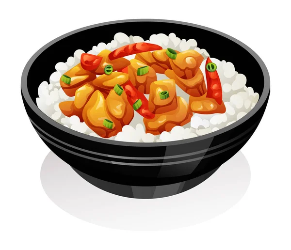 Kung Pao Chicken Dengan Paprika Dan Sayuran Disajikan Dengan Nasi - Stok Vektor