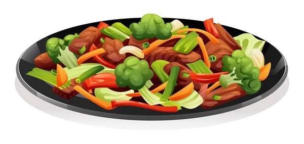 牛や野菜が黒い皿の中で炒め物ベクトルイラスト — ストックベクタ