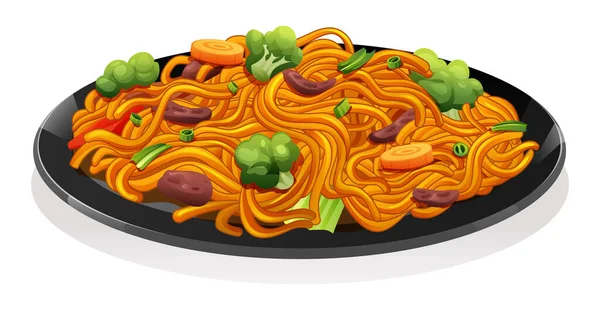 Gebratene Nudeln Mit Fleisch Und Gemüse Illustration Des Chinesischen Nahrungsmittelvektors — Stockvektor