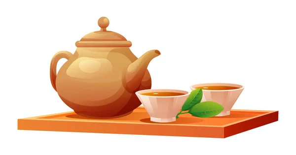 Чашки Чая Чайник Векторной Иллюстрации Деревянного Лотка — стоковый вектор
