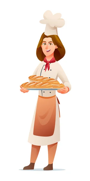 陽気な女性パン職人のキャラクターイラスト — ストックベクタ