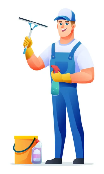 Impresa Pulizia Man Holding Window Cleaning Tools Maschio Custode Personaggio — Vettoriale Stock