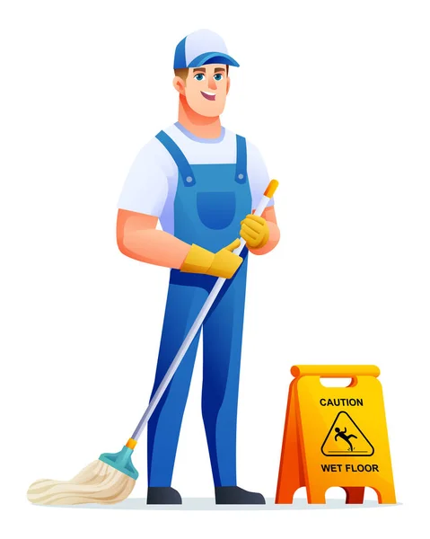 Cheerful Cleaning Service Man Mop Male Janitor Cartoon Character — Stock Vector