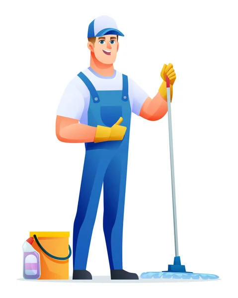Cleaning Service Man Mop Bucket Male Janitor Cartoon Character — Stock Vector