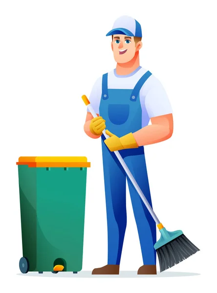 Cleaning Service Man Broom Trash Can Male Janitor Cartoon Character — Stock Vector
