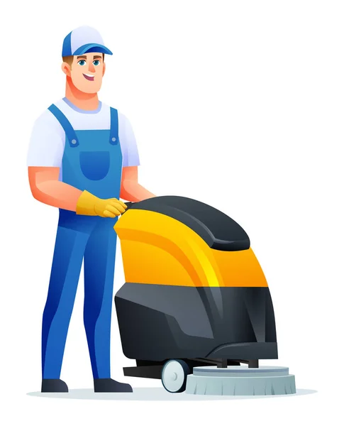 Cleaning Service Man Scrubber Machine Male Janitor Cartoon Character — Stock Vector