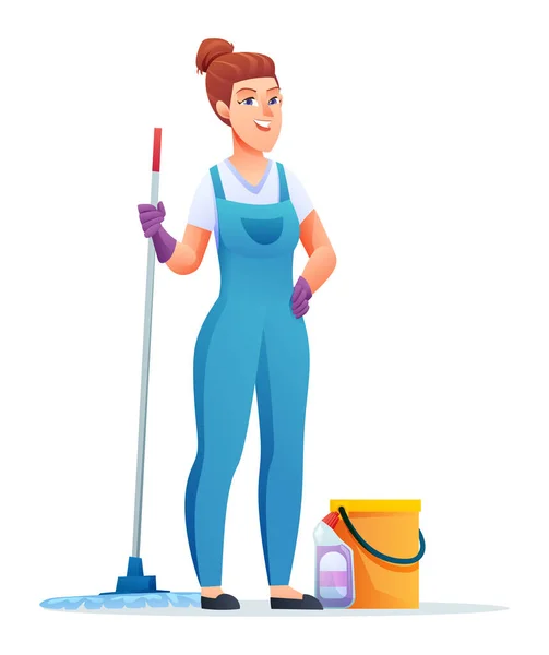 Cleaning Service Woman Mop Bucket Female Janitor Cartoon Character — Stock Vector