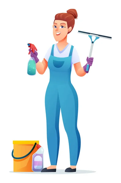 Cleaning Service Woman Holding Window Cleaning Tools Female Janitor Cartoon — Stock Vector