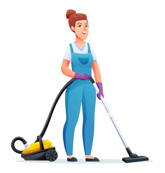 掃除機掃除機でサービスの女性 女性の管理人漫画のキャラクター — ストックベクタ