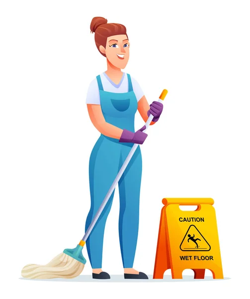 モップで陽気な掃除の女性 女性の管理人漫画のキャラクター — ストックベクタ