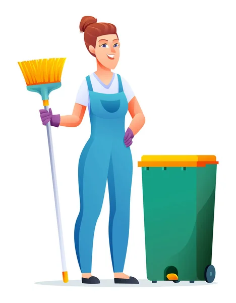 Mulher Serviço Limpeza Com Vassoura Lata Lixo Mulher Zelador Personagem —  Vetores de Stock