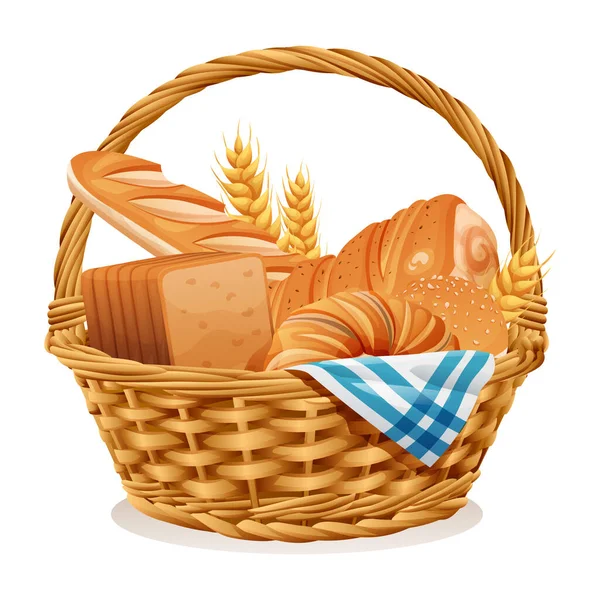 Panadería Mimbre Cesta Vector Ilustración — Vector de stock