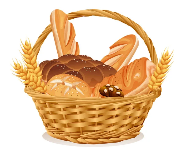 ウィッカーバスケットのベクトルイラストのベーカリー 白を基調とした小麦と生パンのバスケット — ストックベクタ