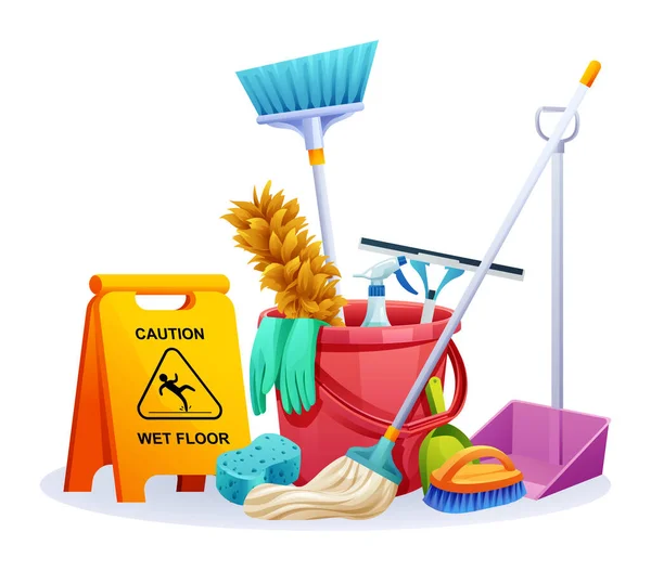 Set Reinigungsgeräte Hausreinigung Werkzeuge Vektor Illustration — Stockvektor
