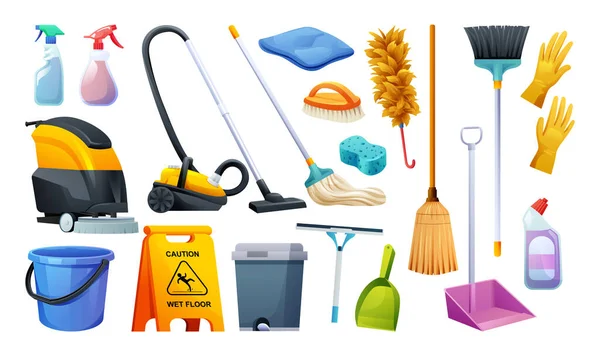 Conjunto Equipamentos Limpeza Ferramentas Serviço Limpeza Casa Isoladas Fundo Branco —  Vetores de Stock