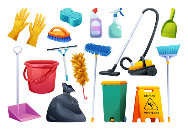 Set of cleaning equipment. Household cleaning service tools vector illustration