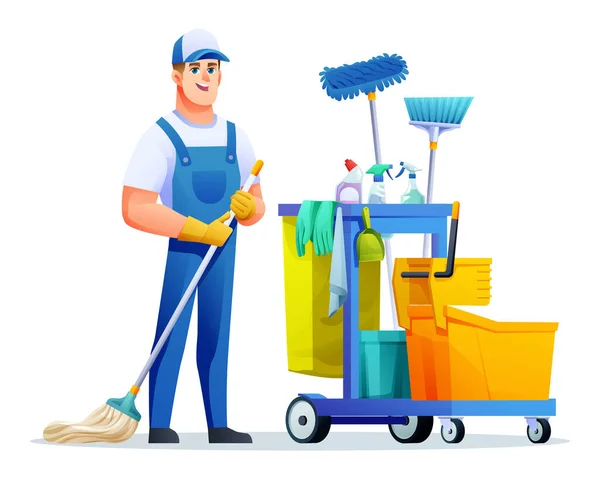 Cheerful Cleaning Man Mop Cleaning Equipment Male Janitor Cartoon Character — Stock Vector