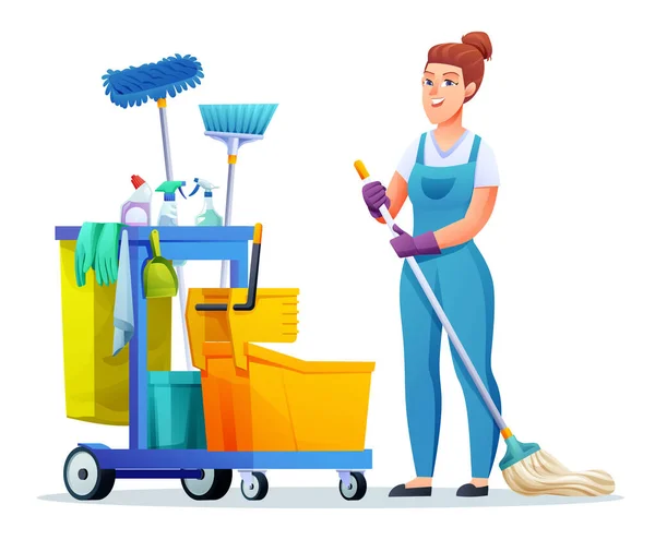 Cheerful Cleaning Woman Mop Cleaning Equipment Female Janitor Cartoon Character — Stock Vector