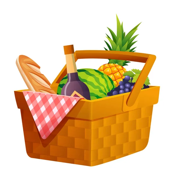 带食品和饮料卡通画的柳条箱野餐篮 — 图库矢量图片
