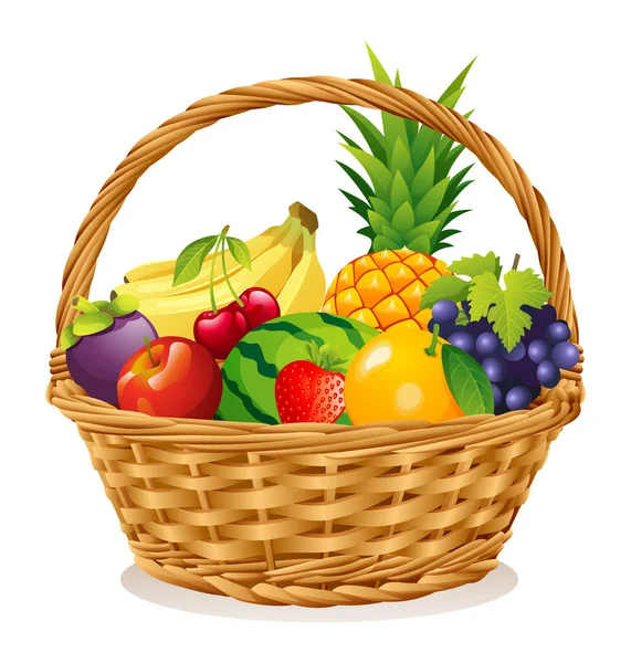Panier Osier Avec Illustration Vectorielle Fruits — Image vectorielle