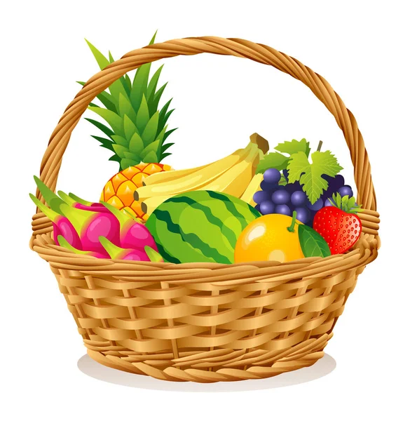 Wicker Basket Fruits Illustration Isolated White Background — Stock Vector