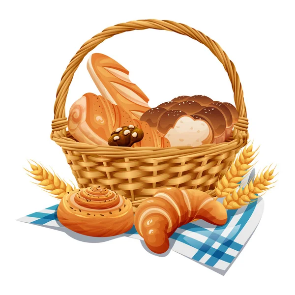 柳条篮与面包店矢量图解 有小麦和新鲜面包的篮子 背景为白色 — 图库矢量图片