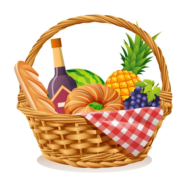 Wicker Picnic Basket Food Drink Vector Illustration — Stock Vector