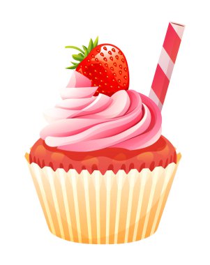 Beyaz arka planda izole edilmiş çilekli kek vektörü. Cupcake karikatür çizimi