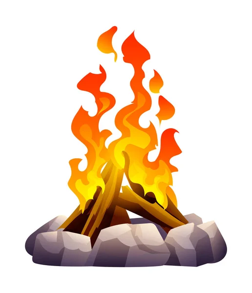 Burning Bonfire Wood Stones Vector Illustration — Stock Vector