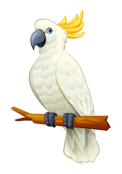 Cute Cockatoo Parrot Sitting Branch Cartoon Illustration Isolated White Background — Stock Vector