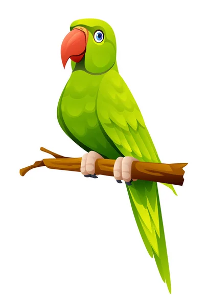 Cute Green Parrot Sitting Branch Cartoon Illustration Isolated White Background — Stock Vector