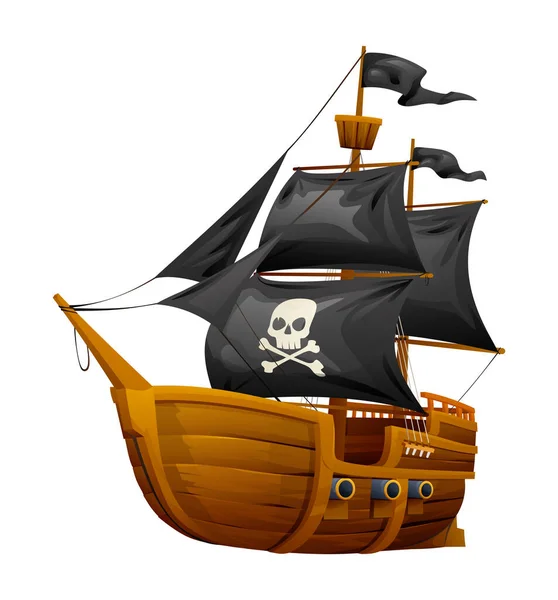 Мультяшний Дерев Яний Піратський Корабель Ілюстрація Ізольована Білому Тлі — стоковий вектор