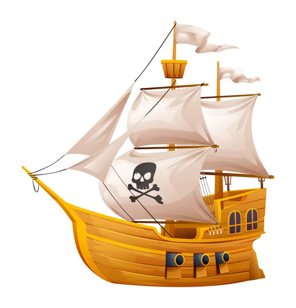 Pirat Fartyg Med Vita Segel Vektor Illustration Isolerad Vit Bakgrund — Stock vektor