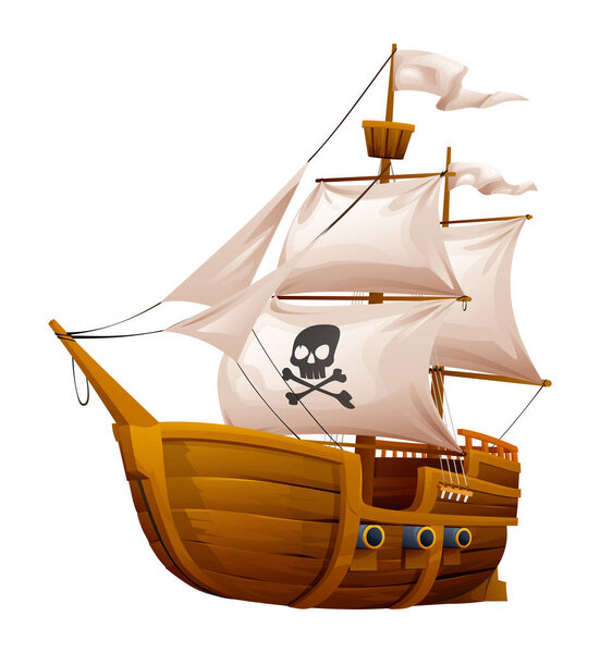 Wooden pirate ship with white sails cartoon illustration isolated on white background