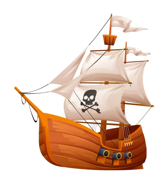 Дерев Яний Піратський Корабель Білими Вітрилами Черепом Векторні Ілюстрації Ізольовані — стоковий вектор